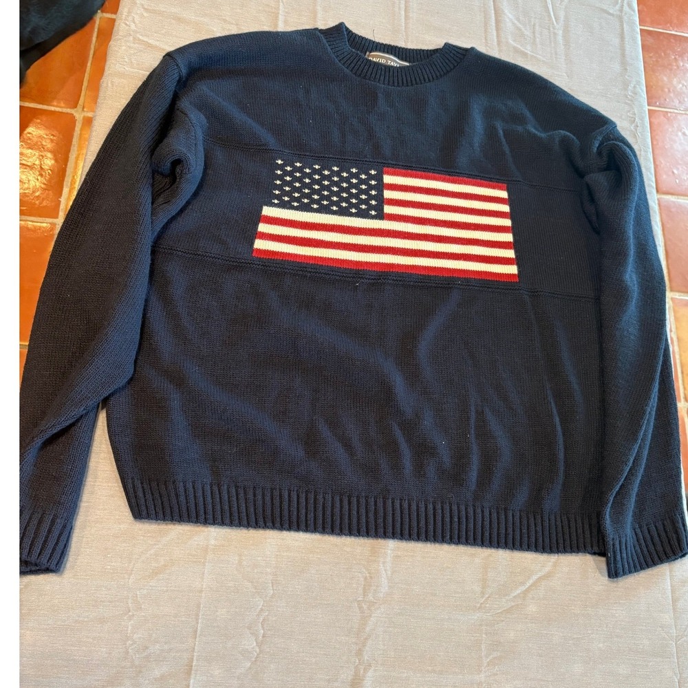 David Taylor Vintage American Flag Sweater Mens XL Navy Blue Acrylic USA Made